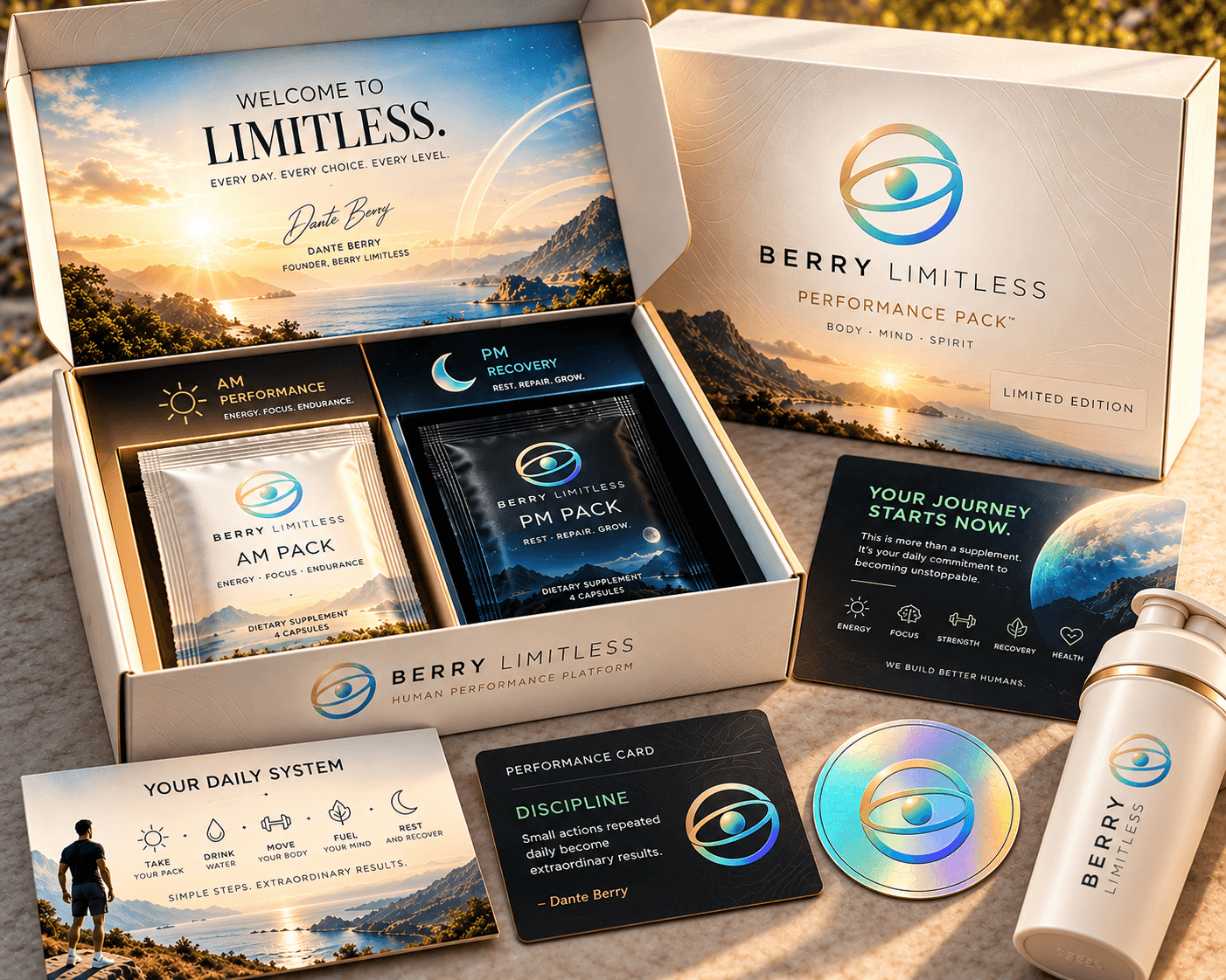 The Berry Limitless Performance Pack, Limited Edition: an open box with the AM Pack and PM Pack, a performance card, a holographic sticker and a shaker bottle.