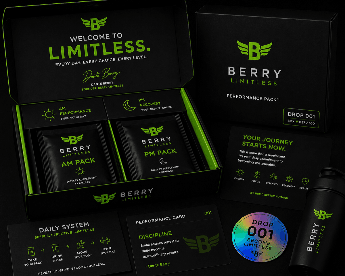 Berry Limitless Performance Pack GENESIS — the Founder Drop box, open, with AM and PM packs, founder card, collectible sticker and shaker
